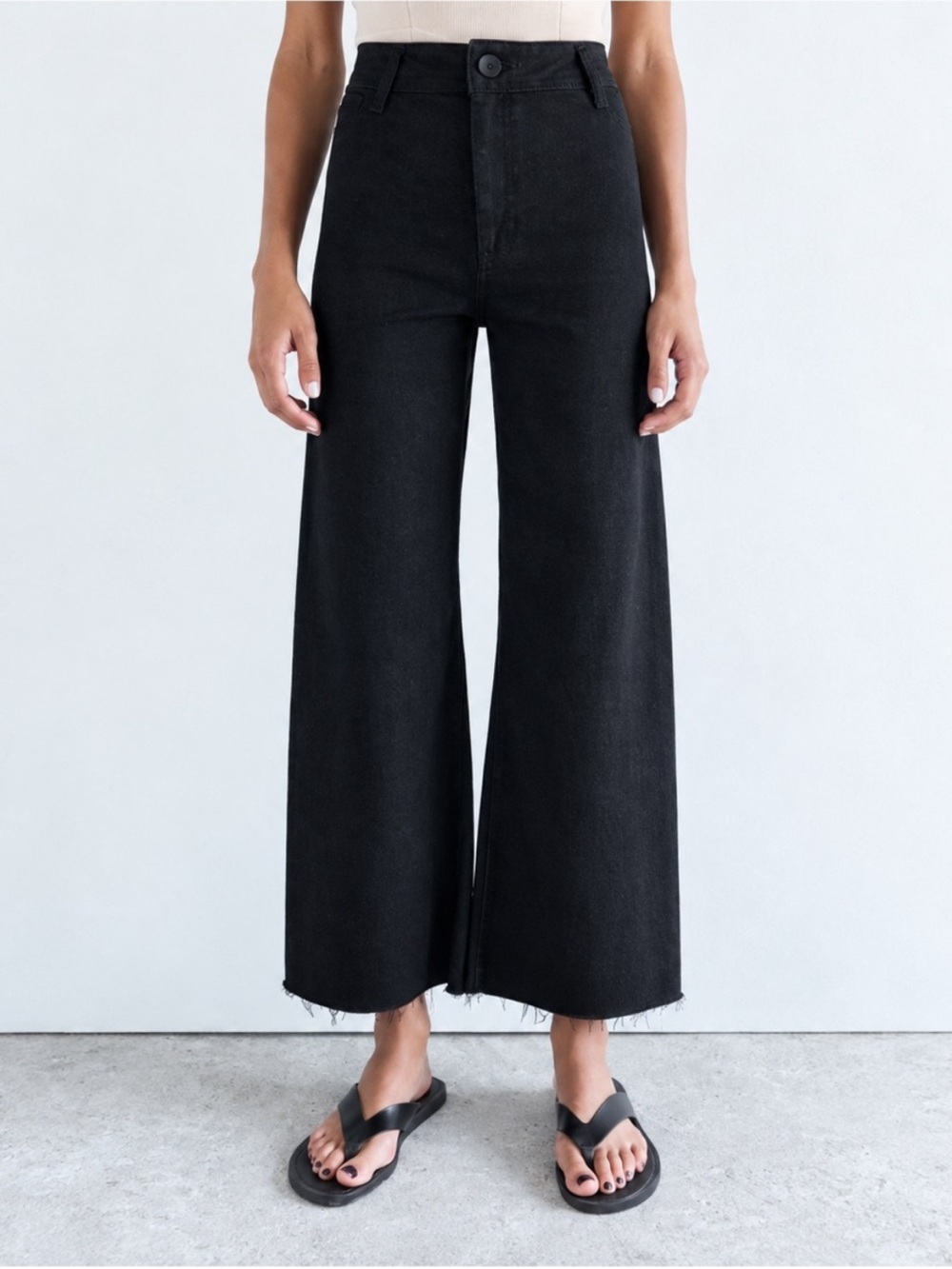 Zara Marine Straight Super High Rise Black Wide-Leg Jeans Raw Hem